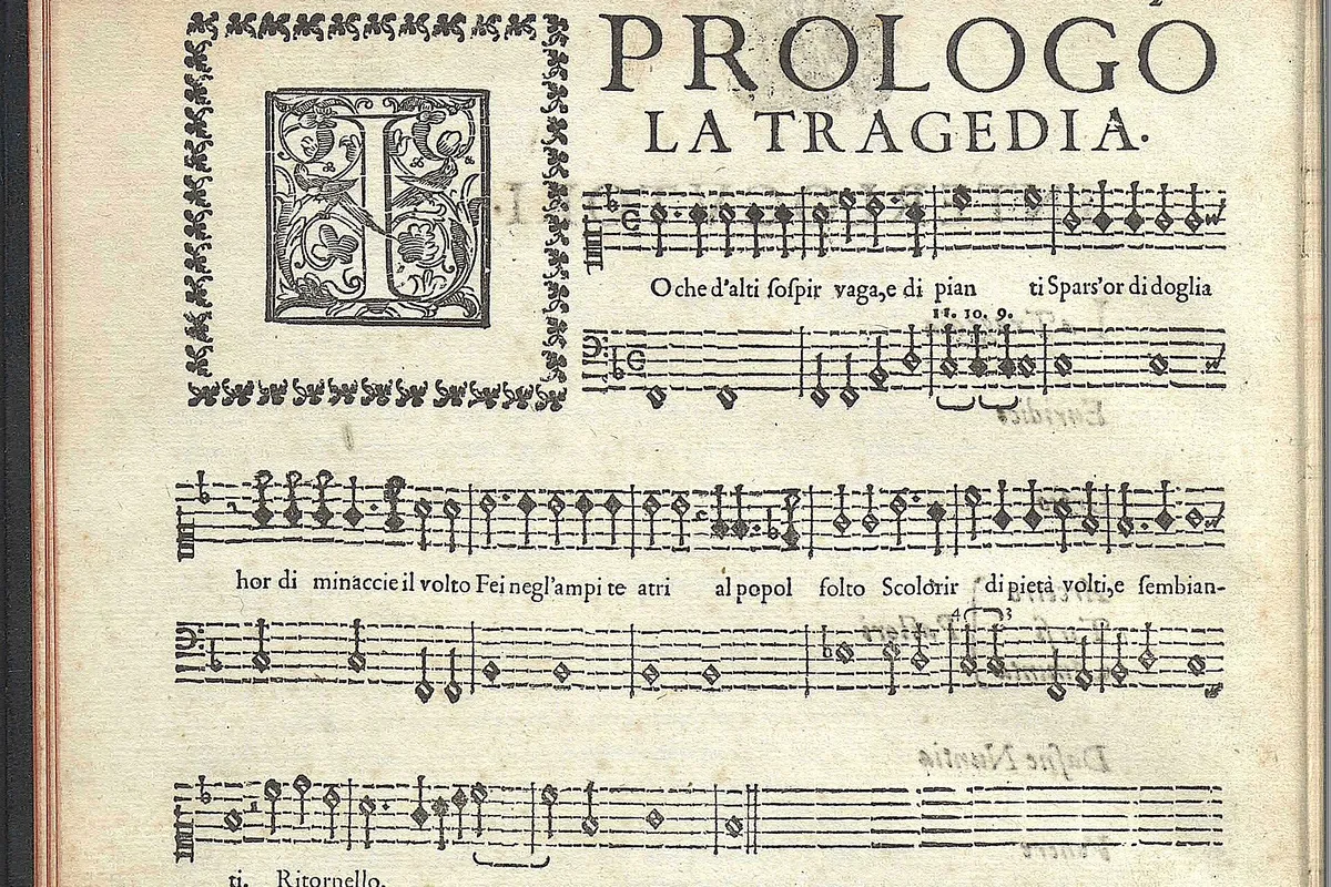 A printed page from Jacopo Peri's Euridice, headed Prologo, La Tragedia, showing a decorated initial letter and music with the text underlaid